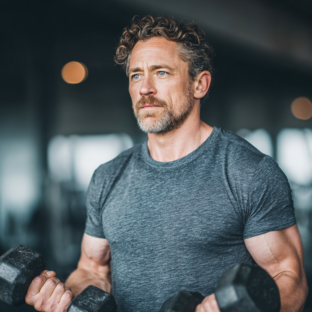 Fit middle-aged man in his 50s performing strength training with dumbbells in a modern gym, showing determination and focus during his workout routine